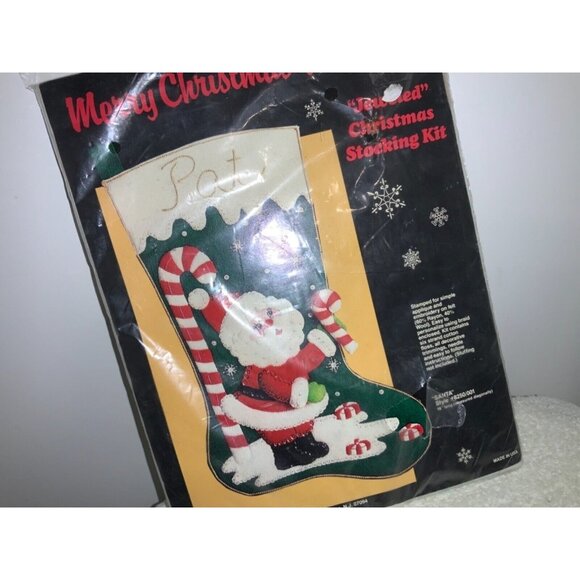 "SANTA" Felted Christmas Stocking Kit 18" Long Stamped Applique and Embroidery - Picture 1 of 6
